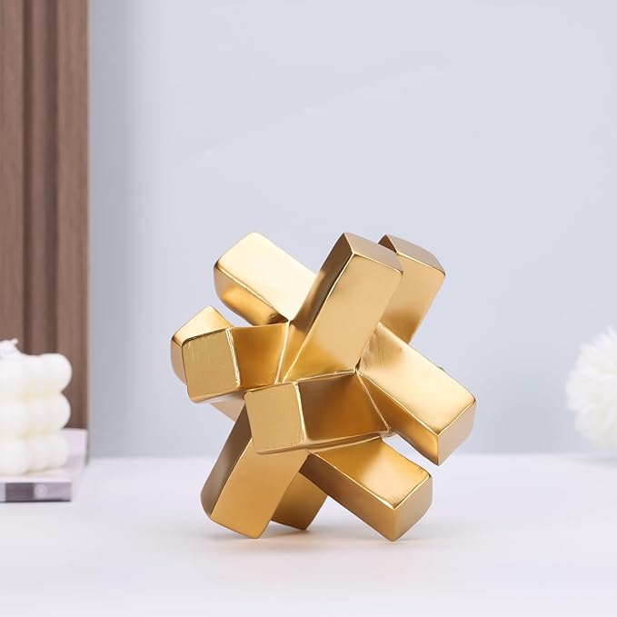 Gold Knot Decor Knick Knacks for Shelves - Geometric Sculpture Statue Modern Decorative Objects for Minimalist Bookcase, Tv Stand, Coffee Table & Entrance Decor