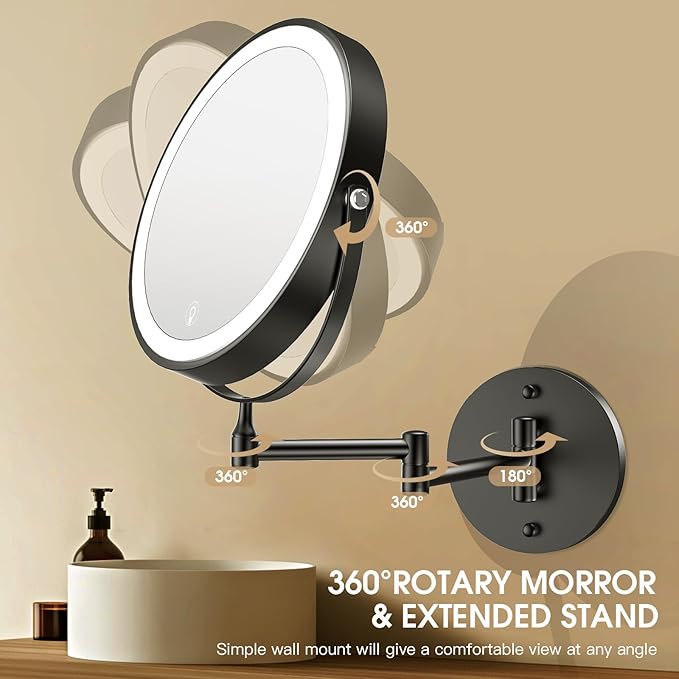 Wall Mounted Lighted Makeup Mirror, 8" Rechargeable Double-Sided Light up Magnifying Mirror 1x/10x,3 Color Led Vanity Mirror with Lights,Touch Dimmable 360° Rotation Foldable-Black