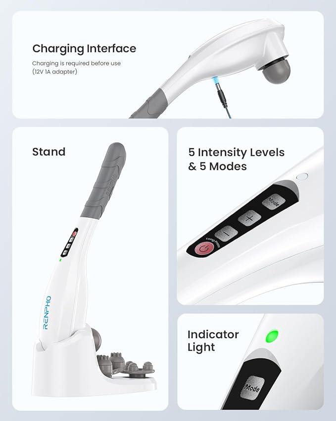 RENPHO Rechargeable Handheld Back Massager, Cordless Electric Neck Massage Tool for Shoulder, Foot, Leg, Calf, Gifts for Women and Men