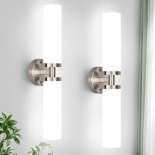 Wall Sconces Set of Two, Brushed Nickel Gold Bathroom Sconces Wall Lighting with Milky White Glass, Modern Sconces Wall Decor Set of 2 Wall Light fixtures for Bathroom Mirror Living Room Bedroom