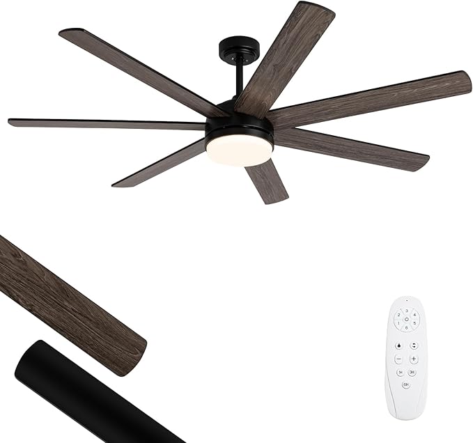 62 Inch Ceiling Fan, Outdoor Black Ceiling Fan with Light and Remote, 6-Speeds Reversible Motor, 7 Two-sided Blades Dimmable Noiseless, for Indoor Bedroom/Outdoor