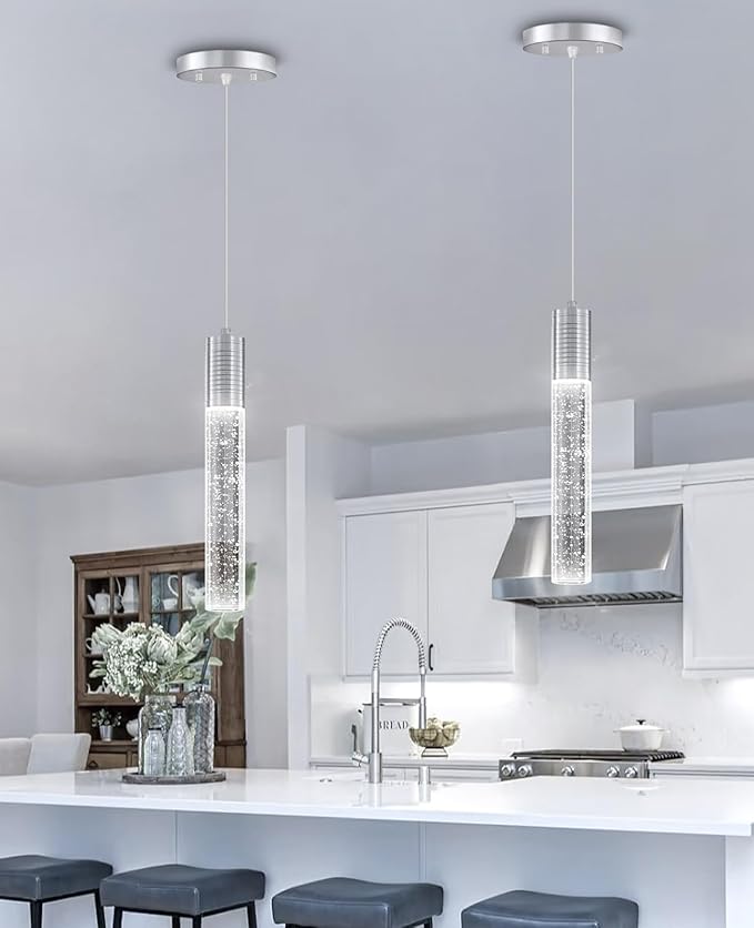 Set of 2 Pendant Lights for Kitchen Island, White Light, Silver Crystal Linear Pendant Lighting, Bar Corner LED Light Fixture