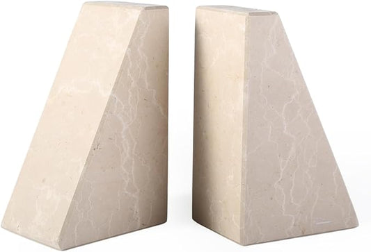 Marble Bookends for Heavy Books, Decorative Book Ends for Shelves, Durable and Heavy-Duty Stone Bookends for Hardback Book &amp; CDS, Unique Book Stopper &amp; Holder, New Jura Beige-Vein, Set of 2