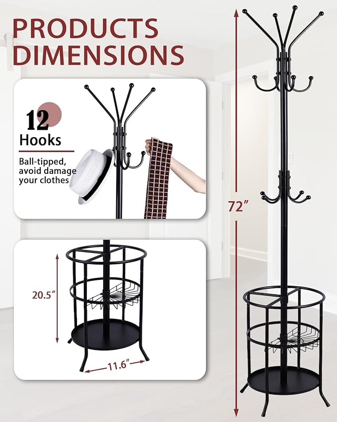 Metal Coat Rack, Freestanding Coat Rack Stand with Umbrella Holder, Coat Tree with 12 Hooks for Clothes Hats Bags, Modern Coat Hanger Stand for Entryway Living Room Bedroom Office Use, Black