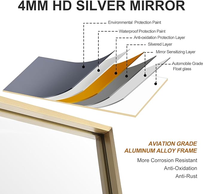 24x40 Inch Gold Bathroom Mirror - Copper-Free Mirror, Aluminum Alloy Frame Vanity Rectangle Wall Mounted Modern Mirror for Bedroom/Living Room/Porch Horizontal or Vertical