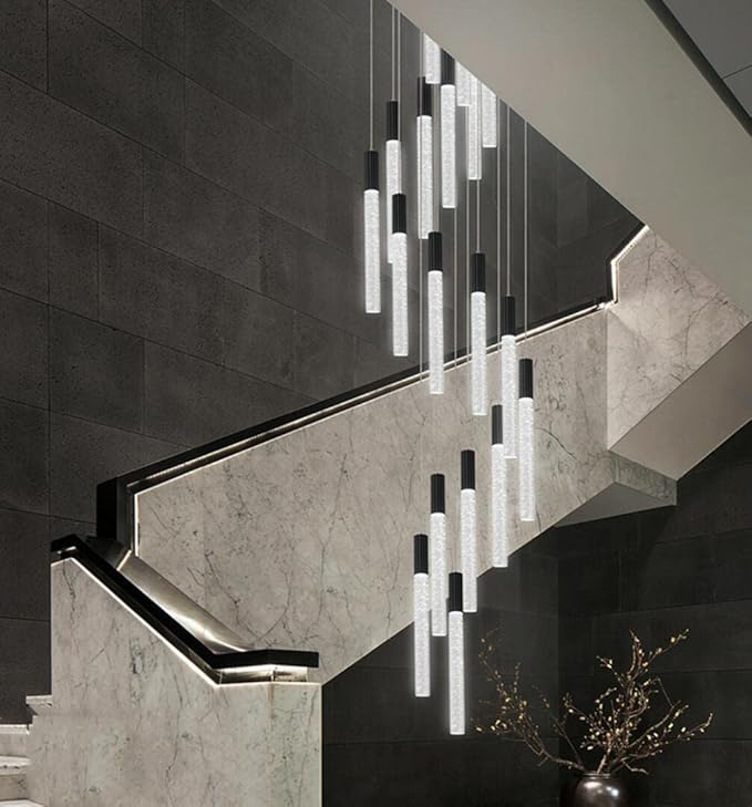 16 Foot Chandeliers for Living Room Entryway High Ceiling Light Fixtures Sloped Flush Mount Ceiling Pendant Lighting Dimmable Chandelier with Remote LED Crystal Pendants Lighting Black Light