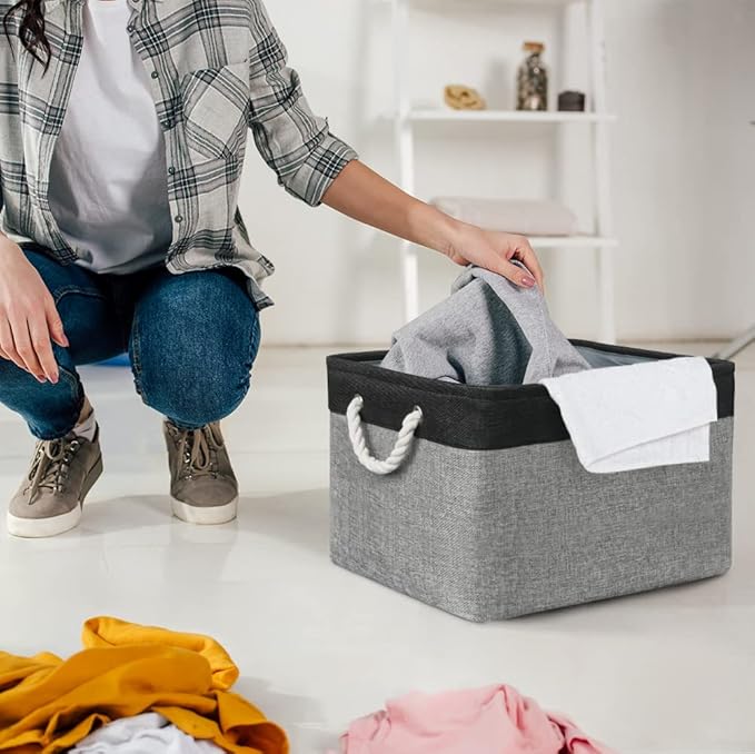 Organization and Storage Bins for Shelves - 17X15X12 inch 2 Pack Foldable Baskets for Organizing, Fabric Storage Cubes with Rope, Storage Box for Decorative Cloth (Black &amp; Grey)
