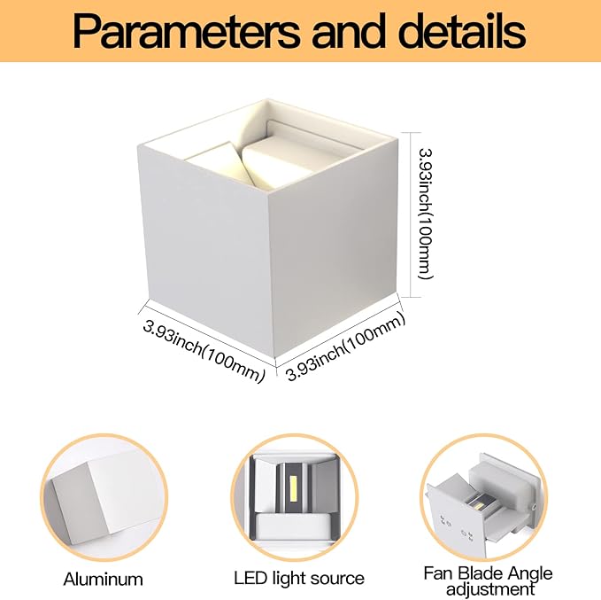 12W 2Pack Outdoor Wall Lights Exterior/Interior,LED White Outdoor Wall Sconces Light Fixtures Modern,IP65 Waterproof Square Aluminum Wall Lamps, Up and Down Lights 6500K Cold Lights