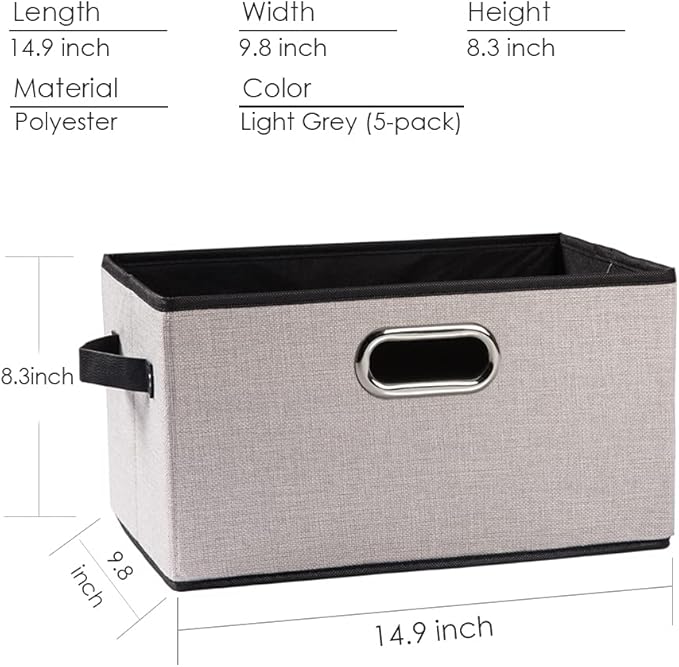 PRANDOM Large Fodable Storage Bins for Closet [5-pack] Decorative Linen Fabric Storage Bins Cubes with Leather/Metal Handles for Shelves Bedroom Living Room Light Gray (14.9x9.8x8.3 Inch)