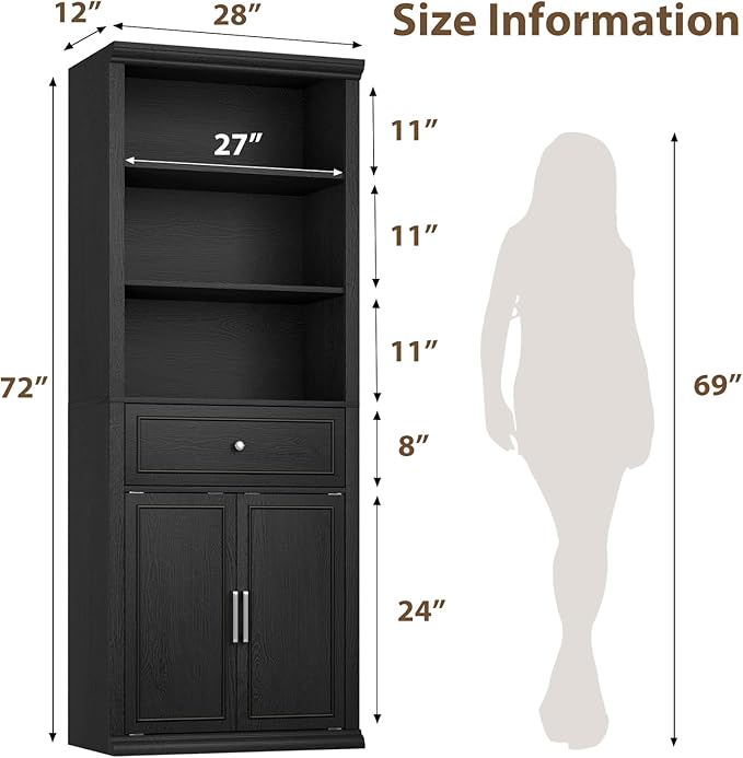 Rresyet Bookcase, 6 Tier Black Bookshelf 28" W Tall Minimalist Bookshelfs with Storage Cabinet Suitable for Offices, Libraries, Living Rooms