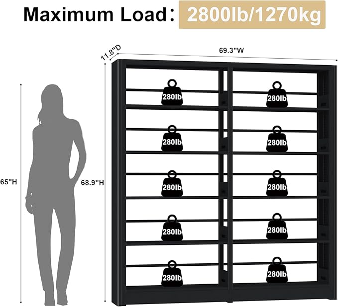 5-Tier Industrial Black Metal Bookshelf - Freestanding Tall Storage Organizer for Living Room &amp; Home Office