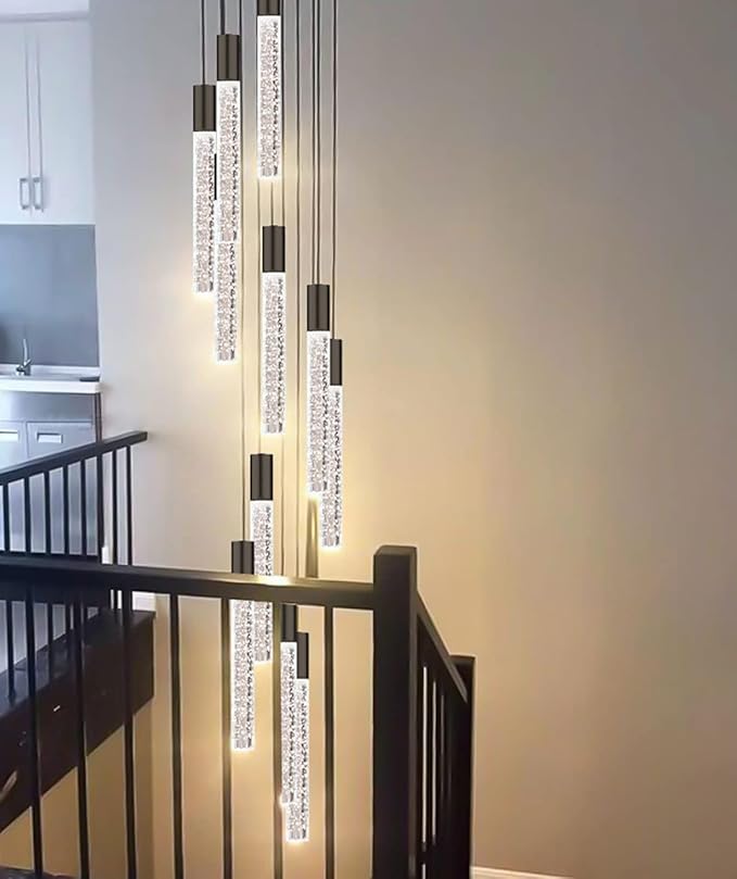 118" High Ceiling Chandelier Linear Crystal Pendants, Remote Dimmable, Compatible Sloped Ceilings, 12-Light Matte Black, 60 Watts LED, 4800 Lumens