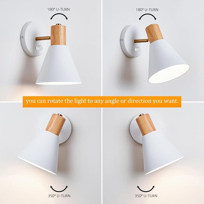 ClanKin Wall Sconces Lighting Set of 2 for Bedroom, White Adjustable Wood Style Wall Sconce Reading Lamp, Wall Light for Bedroom Hallway Living Room (White-Hardwired, 2)