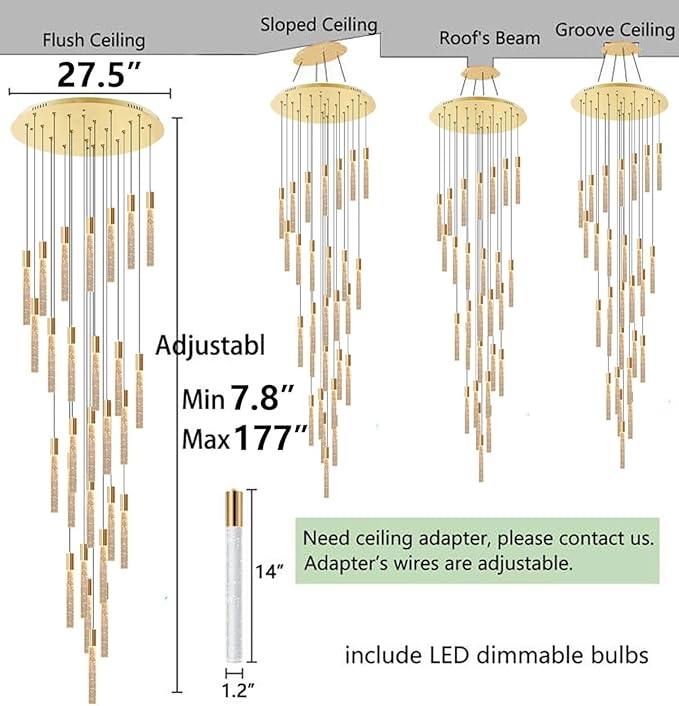 14.7 Foot High Ceiling Chandelier for Entryway Modern Crystal Lights for Living Room Foyer Flush Mount Sloping Ceiling Pendant Light Fixture Remote Dimmable 28-Lights Gold
