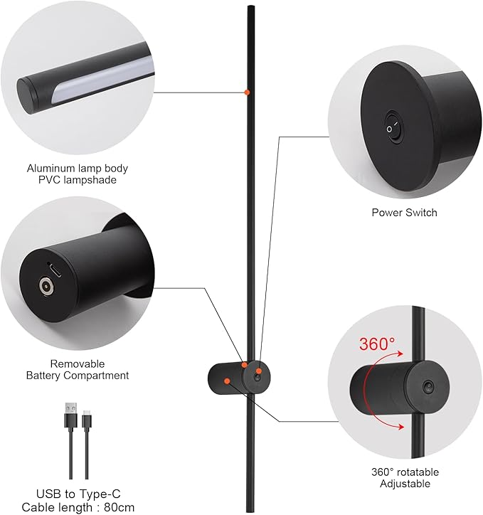 Battery Operated Wall Sconces Set of 2, USB Rechargeable Wall Sconce with Remote Control, Dimmable LED Wireless Wall Lights, 360° Rotation Adjustable Wall Decor for Living Room Bedroom, Black, 40 Inch