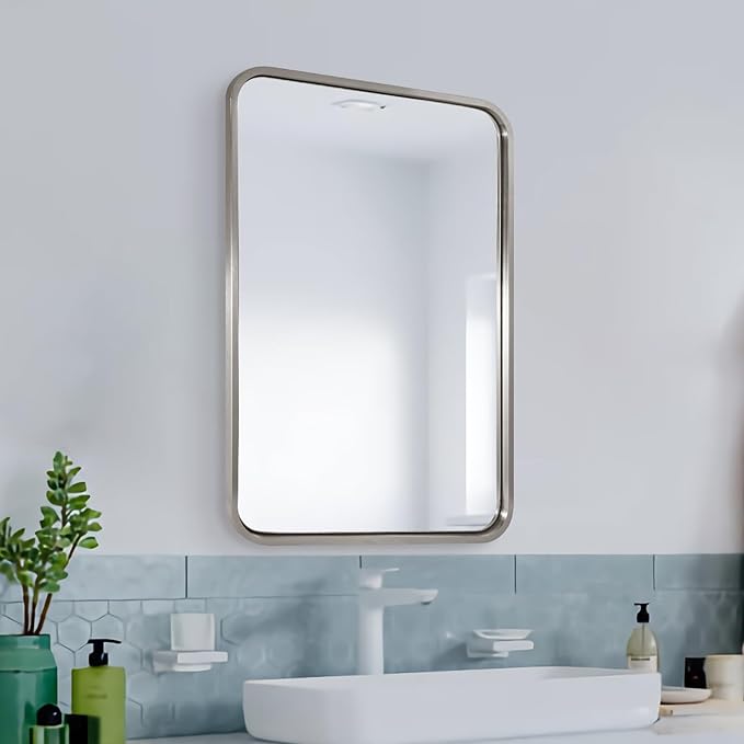 ANDY STAR Mirrors for Wall, 20x28'' Brushed Nickel Bathroom Mirror, Rounded Rectangle Mirrors for Vanity, Anti-Rust SUS304, Tube Metal Frame, 1'' Deep Wall Mounted Vertically/Horizontal