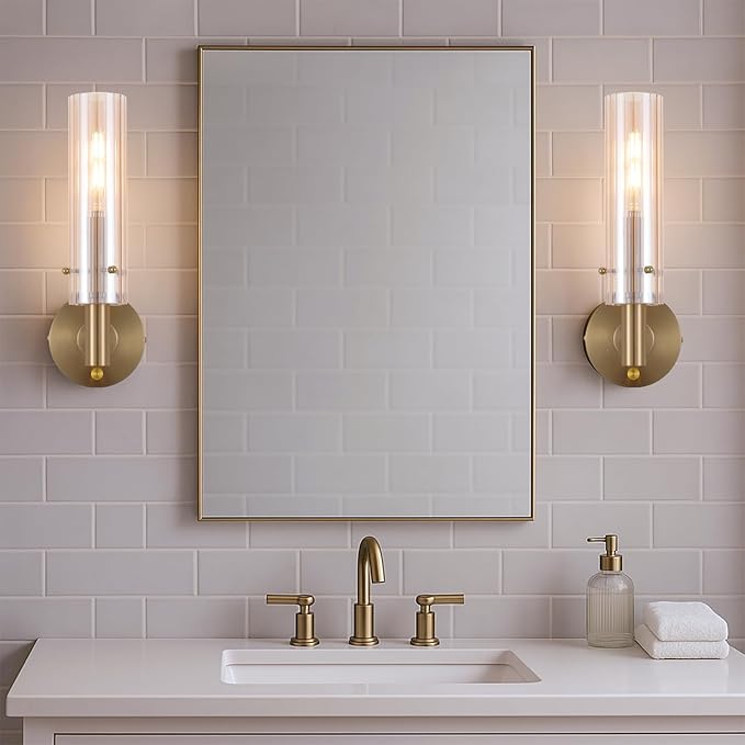 Modern Wall Sconces with Striped Amber Glass Shades Gold Brushed Brass Bathroom Vanity Light Fixtures Dimmer ON/Off Switch Indoor Wall Light for Mirror Living Room Bedroom Hallway Staircase