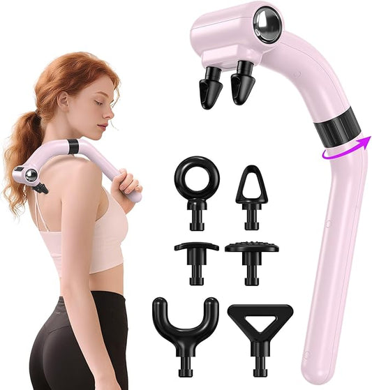 Dual-Head Massage Gun with Extension Handle, 3-in-1 Detachable Handheld Percussion Muscle Massager for Back Neck Shoulder Body Deep Tissue Pain Relief - 6 Speeds Levels(Pink)