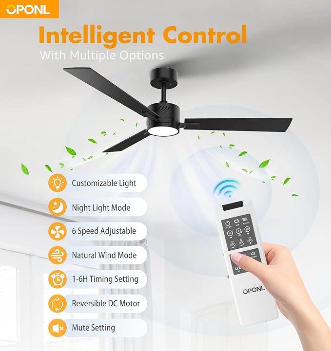 Black Ceiling Fan with Light 52inch, Low Profile, Remote Control, Downrod Mount, Noiseless, Reversible, 6CCT, Dimmable, 6 speeds, Timeable, Ceiling Fans with Lights for Living Room, MDF