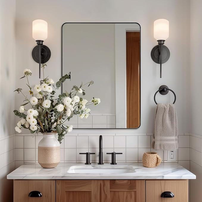 ANDY STAR Wall Mirror for Bathroom, 24x36 Matte Black Bathroom Mirror, Modern Stainless Steel Metal Frame with Rounded Corner, Rectangle Glass Panel Wall Mounted Mirror for Vanity