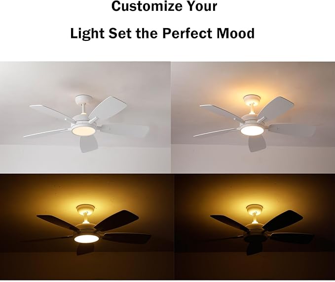 Roomratv Ceiling Fans with Lights,46 Inch,Remote Control,Night Light,Dimmable,Reversible,Noiseless,6 Speeds,Timer,White Modern Ceiling Fan for Living Room,Bedroom,Kitchens,Kis room,Outdoor Patio