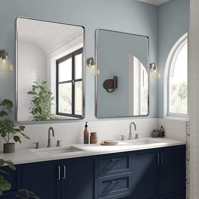 ANDY STAR 48x36 Inch Brushed Nickel Bathroom Mirror, Rounded Rectangle Bathroom Vanity Mirrors for Wall, Anti-Rust SUS304, Seamless Tube Metal Frame, 1'' Deep Wall Mounted Vertically/Horizontal