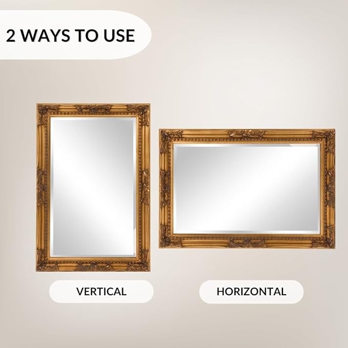 Howard Elliott Queen Ann Rectangular Antique Golf Leaf Wall Mirror, Rectangle Hanging Wood Framed Vanity Mirrors for Home Decor, Living Room, Bathroom, Bedroom, or Hallway, 24 x 36 Inch