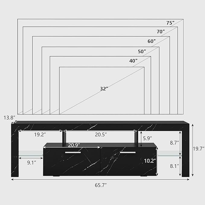 65.7 inch Modern High Gloss LED TV Stand with Storage for 50 55 60 65 70 75 inch TV, Gaming Entertainment Center for PS5, TV Cabinet with Glass Shelves for Living Room, Bedroom, Black Marble