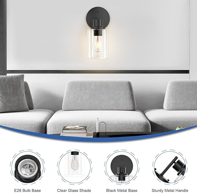 GORDNWE Set of 2 Bathroom Wall Sconce, Matte Black Vanity Light, Modern Wall Light Fixture with Clear Glass Shade and E26 Bulb Base, Wall Lamp Wall Mount Light Fixtures for Mirror, Bedroom
