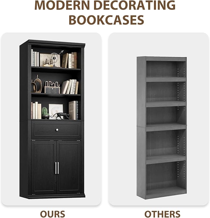 Rresyet Bookcase, 6 Tier Black Bookshelf 28" W Tall Minimalist Bookshelfs with Storage Cabinet Suitable for Offices, Libraries, Living Rooms