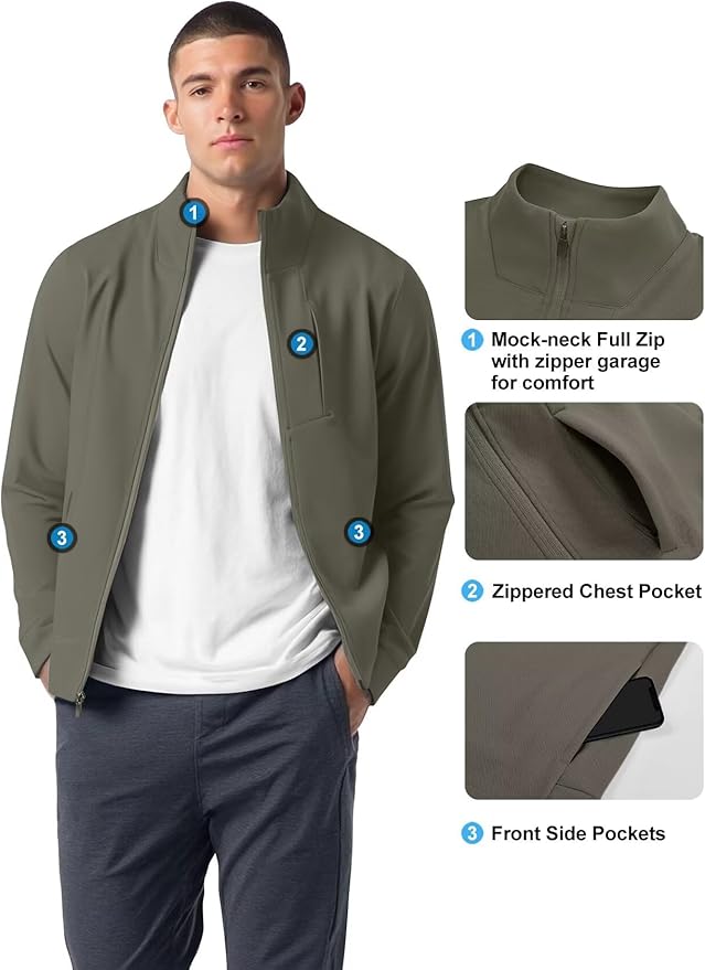 Zengjo Men's Track Jackets Full-Zip Athletic Jacket Sweatshirt Mock Neck with Zipper Pockets