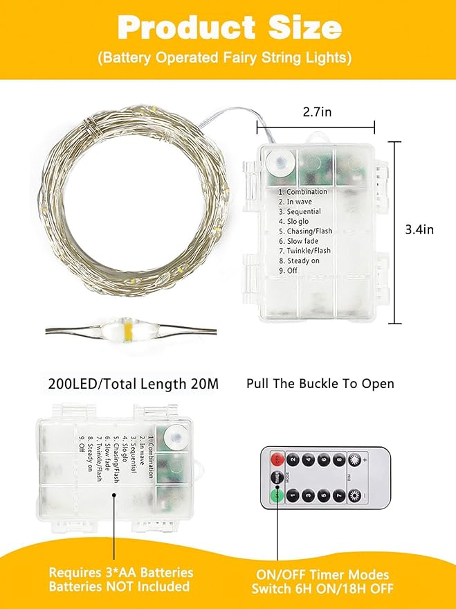 2 Pack 200LED Battery Operated Fairy Lights with Remote, 8 Modes LED String Lights with Timer, Dimmable, Memory Function, Waterproof Twinkle Lights for Outdoor Indoor Christmas Decor(Warm White)