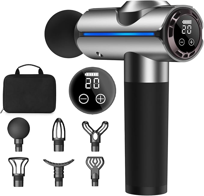 Percussion Massage Gun, Electric Handheld Muscle Back Massager, Deep Tissue Back Massage for Athletes for Pain Relief with 20 Speeds & LED Screen with Carry Case, Gift for Men/Women, Silver