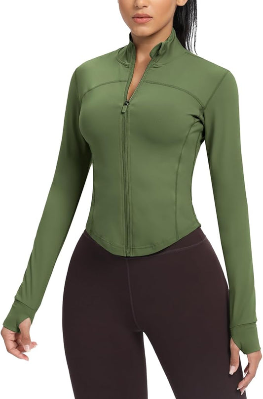AVGO Women's Cropped Running Workout Jackets Zip Slim Fit Athletic Tops with Thumb Holes