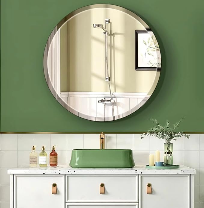 28" Frameless Beveled Round Mirror with 1" Edge for Bathroom, Entryways, Vanity, Wall Decor