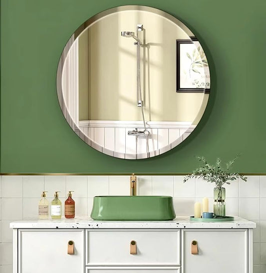 28" Frameless Beveled Round Mirror with 1" Edge for Bathroom, Entryways, Vanity, Wall Decor