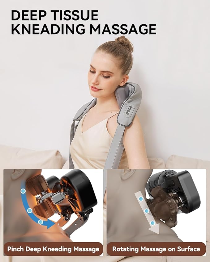 Neck and Shoulder Massager for Pain Relief Deep Tissue-Shiatsu Deep Kneading Massager with Heat to Relieve Neck Shoulder Back Waist Leg Muscle Soreness Fatigue-Relaxation