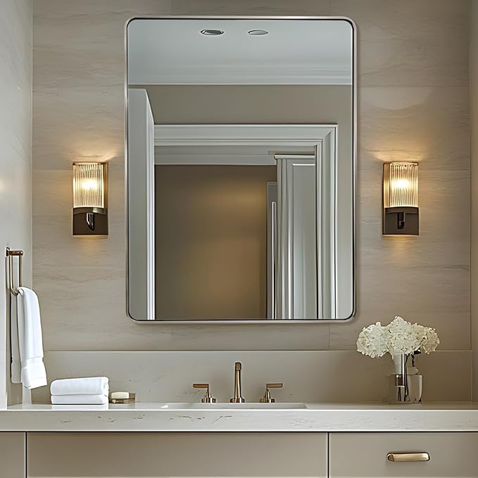 ANDY STAR 48x36 Inch Brushed Nickel Bathroom Mirror, Rounded Rectangle Bathroom Vanity Mirrors for Wall, Anti-Rust SUS304, Seamless Tube Metal Frame, 1'' Deep Wall Mounted Vertically/Horizontal