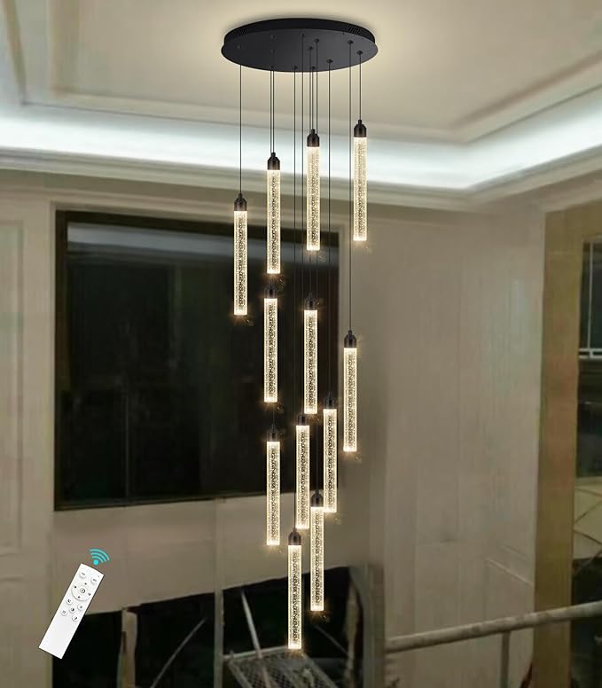 12-Lights Chandelier LED Dimmable Chandeliers for Entryway Flush Mount Ceiling Pendant Light Fixture Crystal Chandeliers for Living Room Black Finished Lighting Modern High Ceiling Chandelier