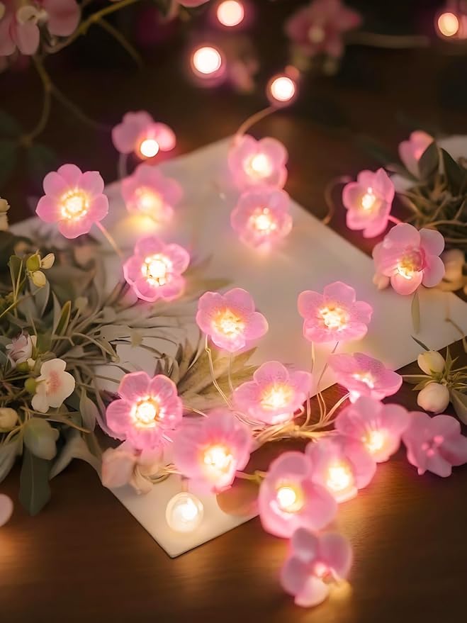 Cherry Blossom Flower String Lights for Bedroom, Pink Fairy Lights Battery Operated with Remote &amp; 8 Modes &amp; Timer, 10ft 30 LED Waterproof String Light Indoor Outdoor for Wedding Home Christmas Decor