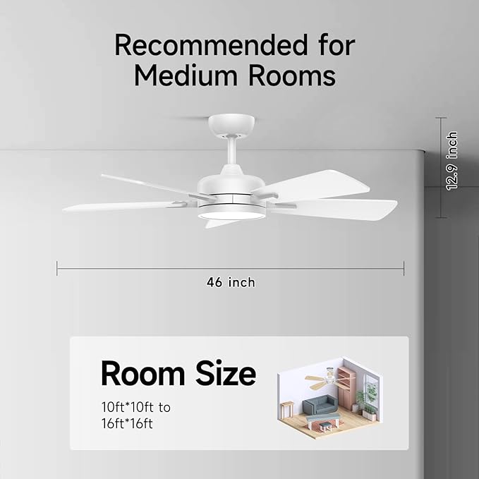 Roomratv Ceiling Fans with Lights,46 Inch,Remote Control,Night Light,Dimmable,Reversible,Noiseless,6 Speeds,Timer,White Modern Ceiling Fan for Living Room,Bedroom,Kitchens,Kis room,Outdoor Patio