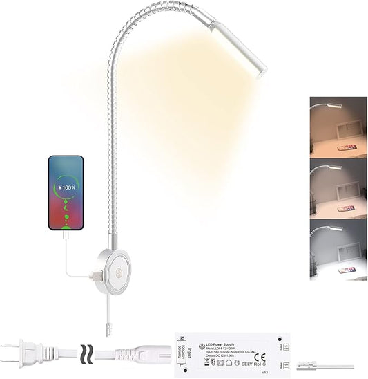 VST Books Lights for Headboard, Bedside Wall Mounted Reading Lamp, Reading Light Touch to Adjust Color Temp (3000K/4000K/6000K) and Brightness, USB/Type-C Charging Ports, 20W Driver, ETL-Listed