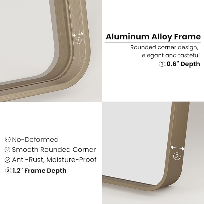 Bronze Bathroom Mirror 24x36 Inch, Brushed Bronze Metal Frame Mirror for Wall, Rounded Rectangle Bathroom Vanity Mirror with Tempered Glass, Anti-Rust, Horizontal/Vertical