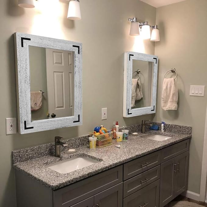 YOSHOOT Rustic Wooden Framed Wall Mirror, Natural Wood Bathroom Vanity Mirror for Farmhouse Decor, Vertical or Horizontal Hanging, 32" x 24",White Gray