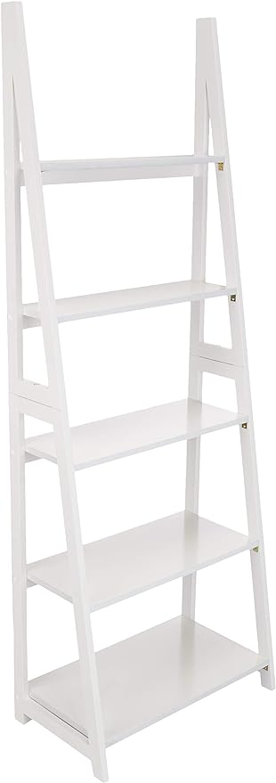 Amazon Basics Ladder Bookshelf Organizer, 5-Tier, Solid Rubberwood Frame, White Finish, 14D x 24.8W x 70.1H in