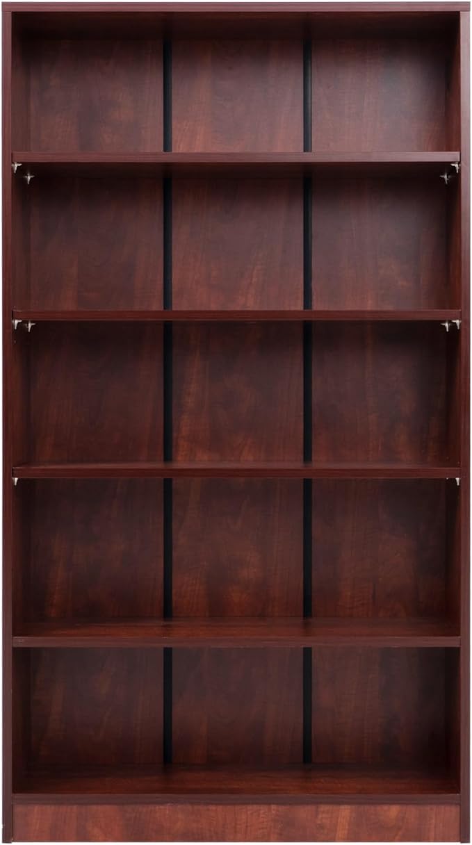 STARY 5 Shelf Cherry Bookcase 60 inch Tall Wood Bookshelf for Bedroom