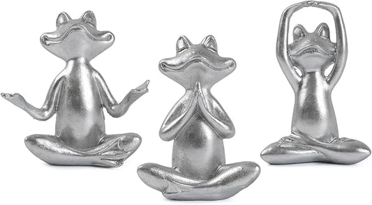 Silver Frog Figurines Yoga Decor Set of 3 –Frog Yoga Statues for Modern Living Room Table Office Bookshelf Shelves Home Sculptures Decor, for Mom Dad Women