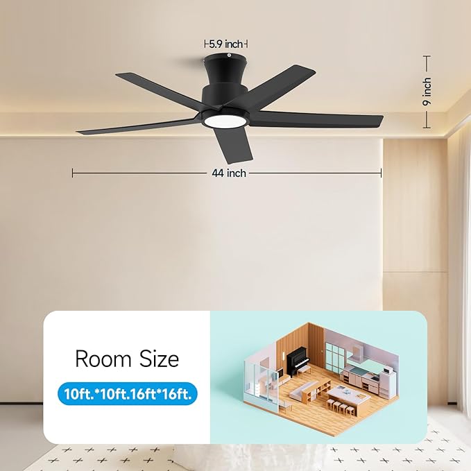 ocioc 44 inch Ceiling Fans with Lights and Remote, Dimmable Ceiling Fans with Reversible Quiet DC Motor, Flush Mount, 3CCT, Black Ceiling Fan for Bedroom Living room Indoor/Outdoor