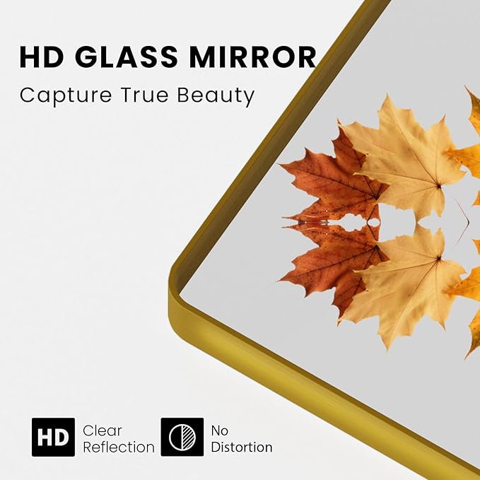 Gold Bathroom Mirror, 50x30 Inch Brushed Gold Metal Frame Mirror for Wall, Rounded Rectangle Bathroom Vanity Mirror, Tempered Glass, Anti-Rust, Horizontal/Vertical