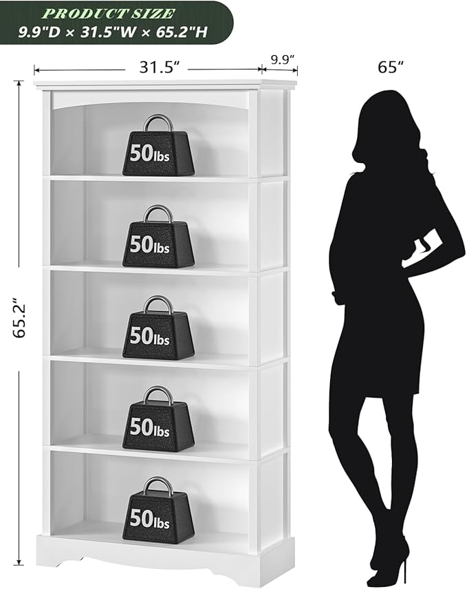 TVU 5-Tier Wooden Bookshelf, 65 Inch Tall Bookshelf with Storage, Floor Standing Modern Style Display Bookcase for Living Room, Office, Study Room, Entryway, White